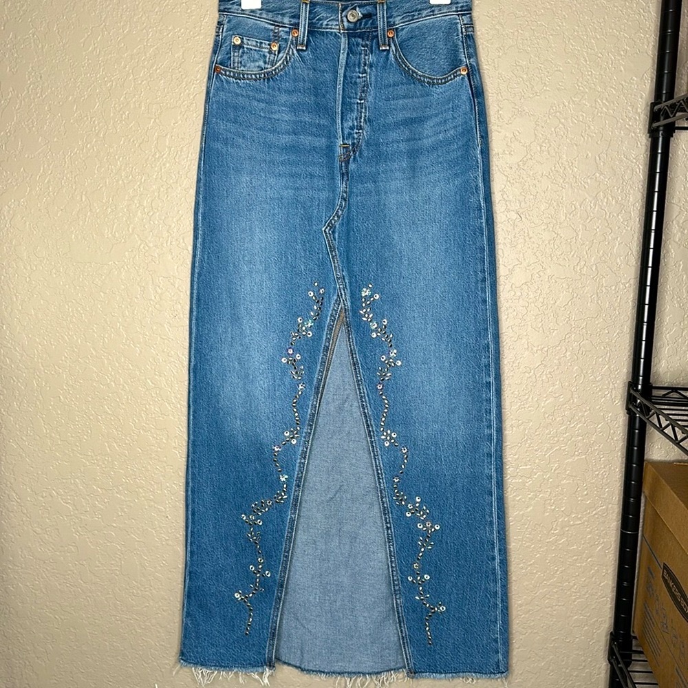 Anma SUi X Levi's Sequins, studs, and crystal-detailing  maxi denim skirt